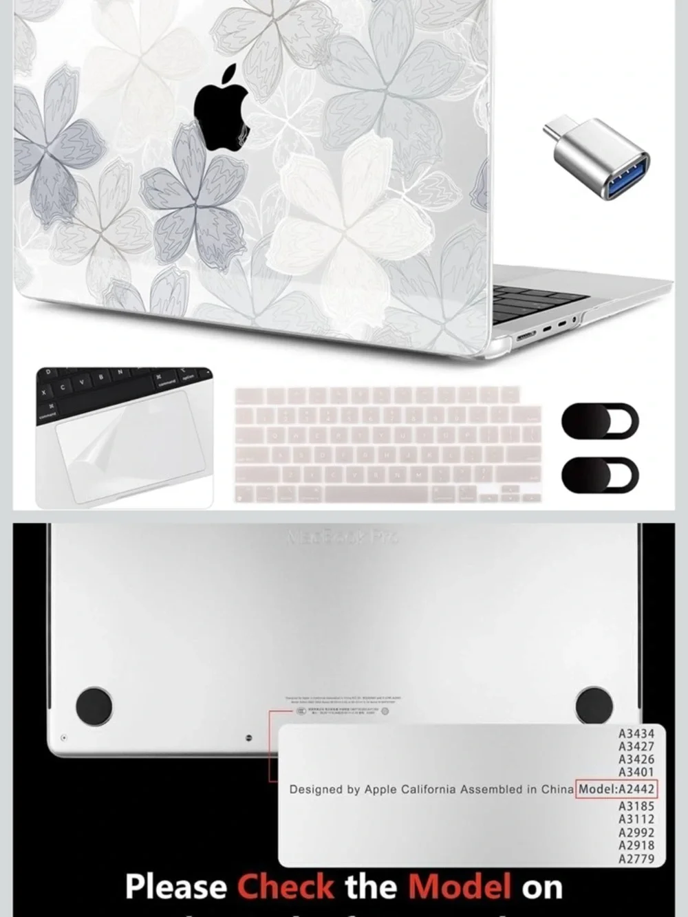 Floral Clear Laptop Case with Keyboard Cover and Privacy Sliders